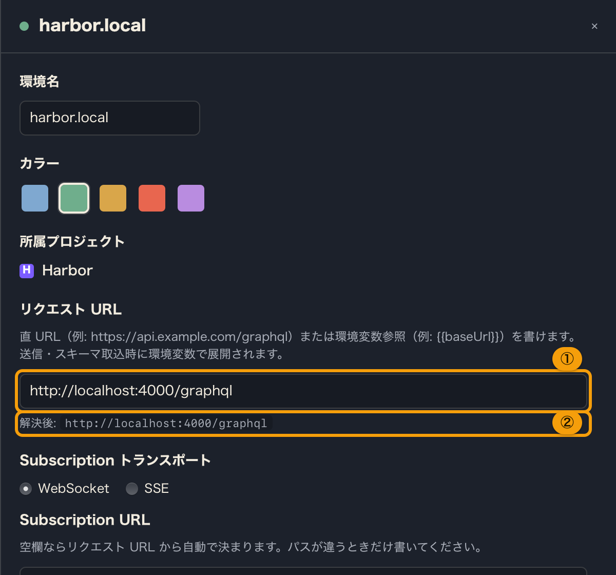 環境エディタのリクエスト URL 節。入力欄と、その下の解決後プレビュー