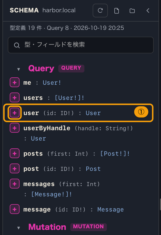スキーマのパネルのスキーマドキュメント。Query 型の user フィールドの行と、行の左端にある挿入ボタン